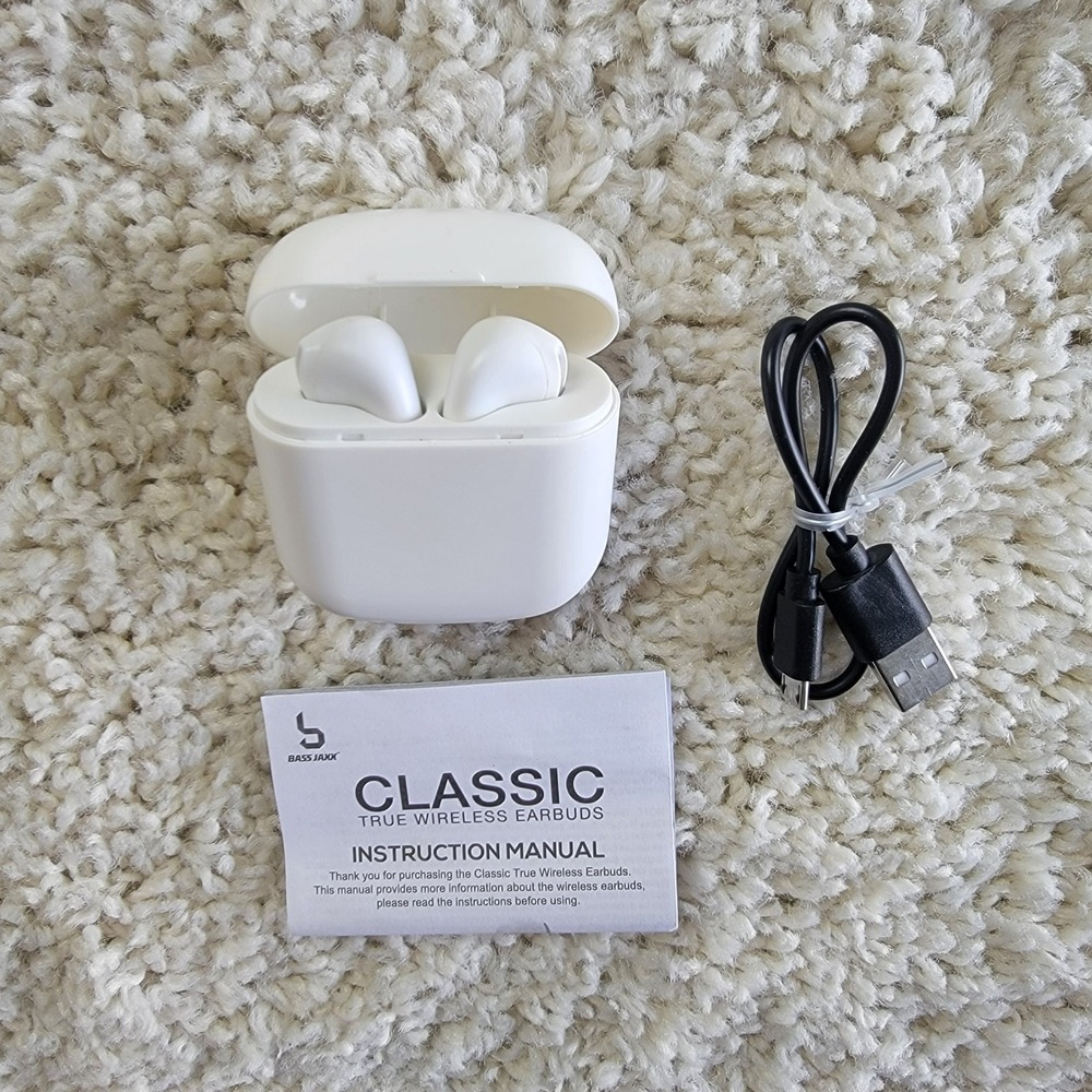 Bass Jaxx Wireless Earbuds White Bluetooth Touch Control with Charging Case